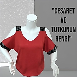 omuz detaylı kırmızı bluz