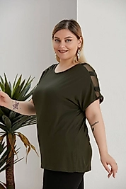 omuz tül detaylı haki bluz