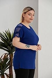 omuz tül detaylı saks mavi bluz