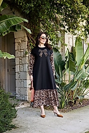 leopar detaylı uzun elbise