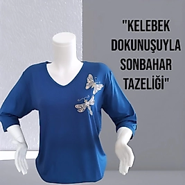 kelebek nakışlı dirsek kol bluz