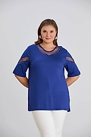 tül detaylı saks mavi bluz