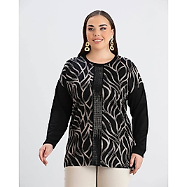 siyah vizon desenli taş detaylı bluz